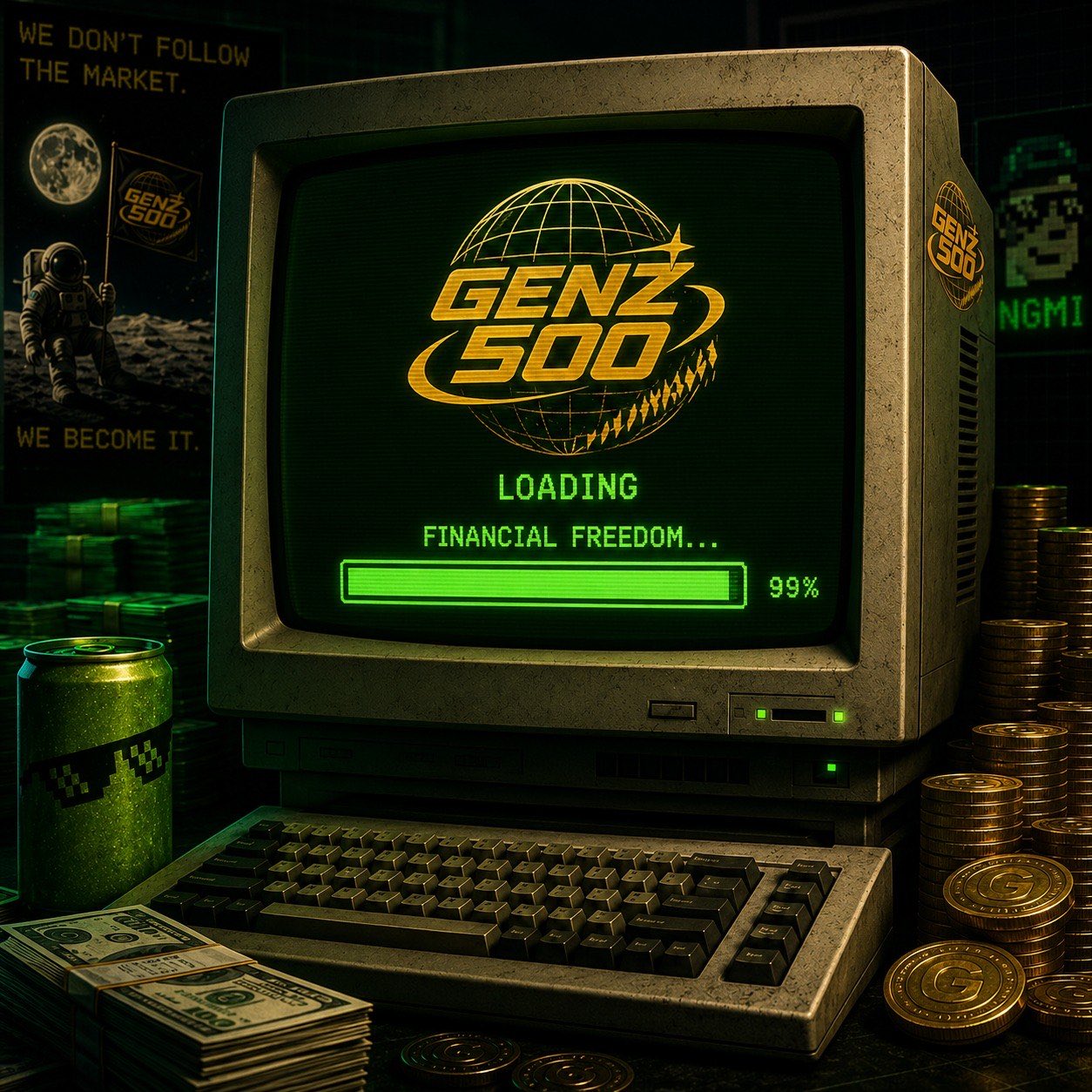 GENZ500 financial freedom loading on a retro computer