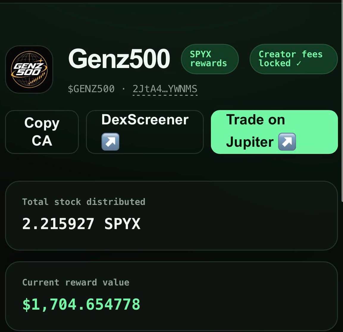 GENZ500 interface showing SPYx rewards