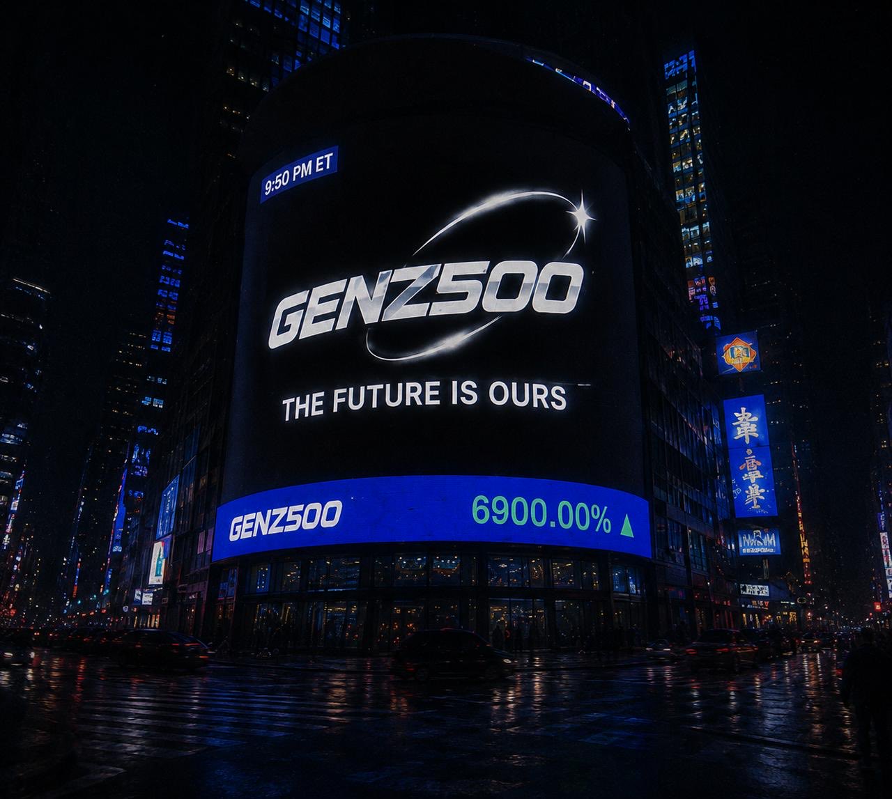 GENZ500 billboard in a futuristic city